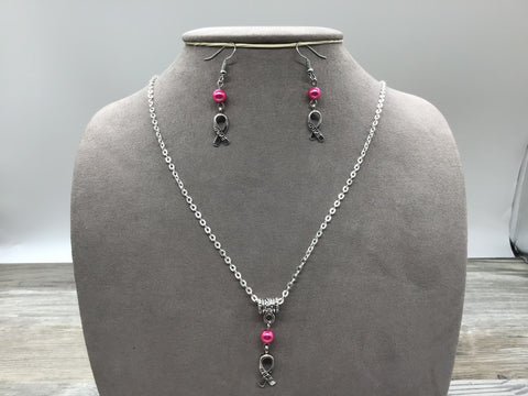 Hope Necklace/Earrings/Bracelet Set (Breast Cancer Awareness)